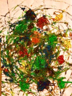 Artwork created by a disabled child. An example of wheelchair painting. Abstract image, with many vibrant colours, but mostly green.
