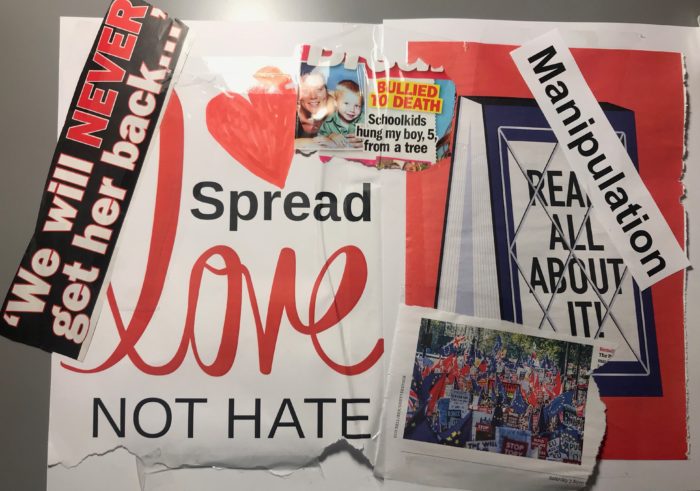 A collage of clippings and text, with key message 'Spread Love not Hate'.